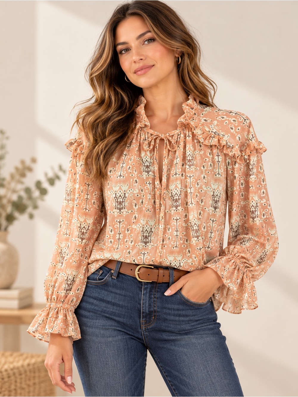 Sundance Madeline Sweet Blouse XS Peach Boho Ruffle Tie Neck Top